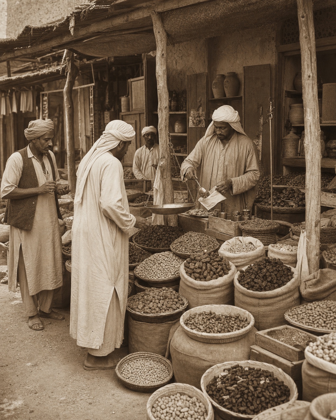 Archival photograph of traders weighing dates and nuts at an old souq in Deira, Dubai, c. 1927